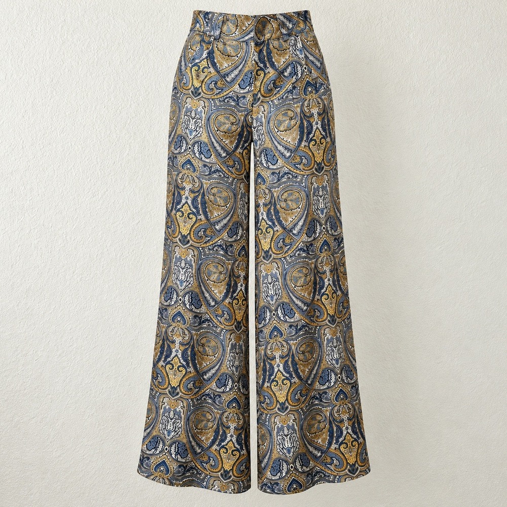 Kimberly Taylor Silk Blue Gold Paisley Wide Leg Trousers High Waist Pants XS NWT